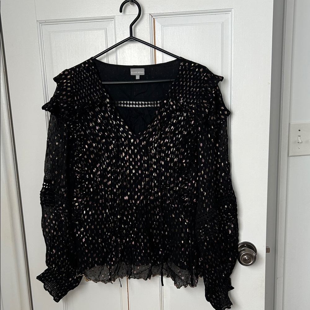 Gentle Fawn Black Metallic Dot V-Neck Ruffle Blouse